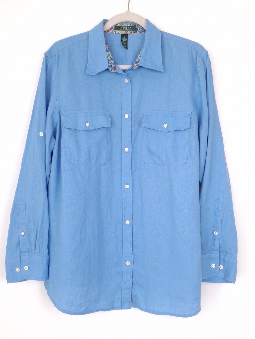 Lauren Ralph Lauren linen button up shirt roll tab sleeve coastal preppy blue
